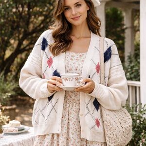 Vintage Structure Argyle Cardigan XL Ramie Cotton Grandpa Grannycore oversized